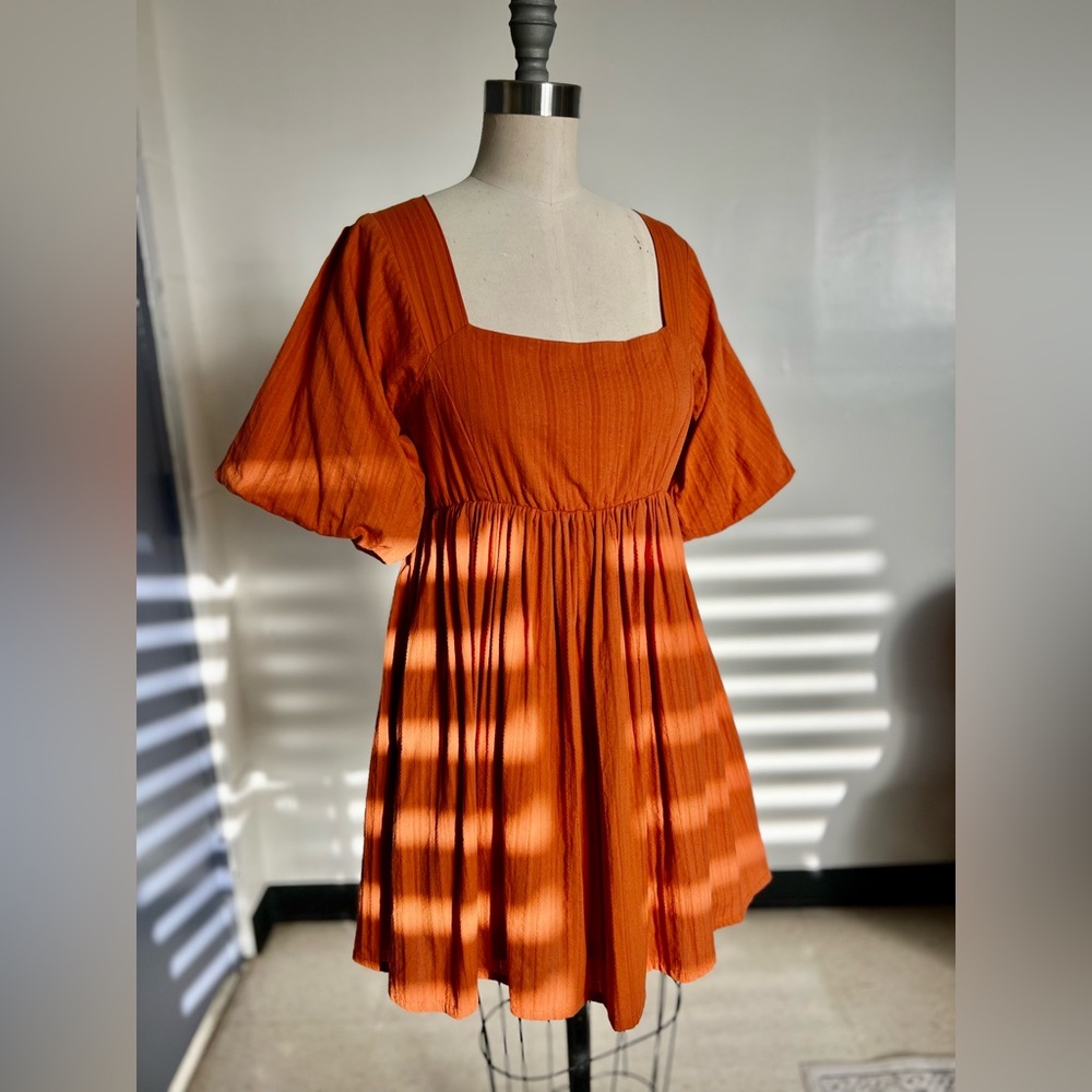 Chic Orange Puff Sleeve Mini Dress with Pockets